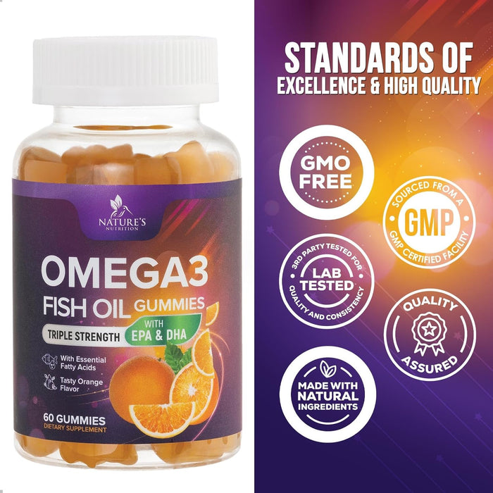Omega 3 Fish Oil Gummies for Adults, Heart Healthy Omega 3 Supplement Gummies with DHA & EPA, Extra Strength Joint & Brain Support Omega3 Fish Oil Gummy Vitamin, Orange Flavor