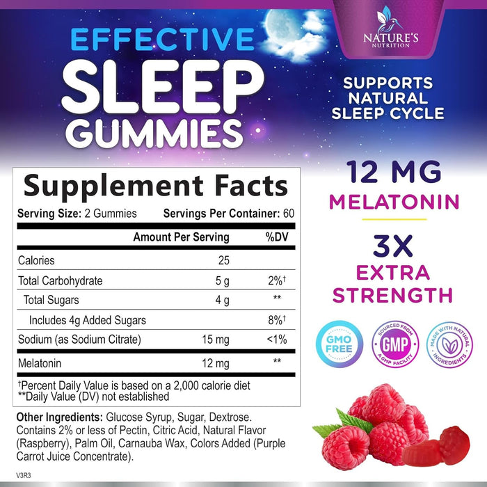 Sleep Melatonin Gummies, Extra Strength Natural Melatonin Gummy 12mg, Nature's Berry Flavor, Sleep Support Vitamin Supplement for Adults, Non-GMO, Vegan