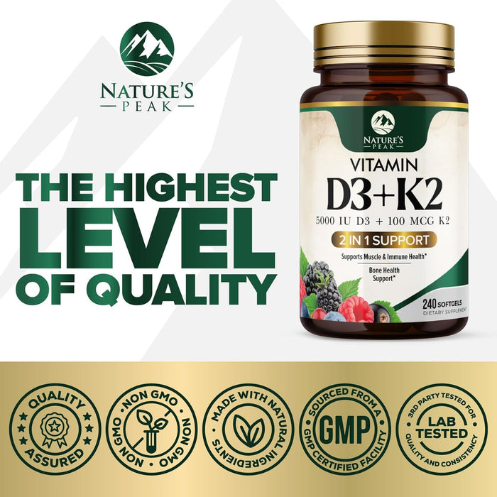 Vitamin D3 K2 Supplement | 5000 IU Vitamin D3 & 100 mcg Vitamin K2, 2 in 1 Vitamin D with K2 Complex Softgels, Support Immune, Heart, Joint, Teeth & Bone Health, Easy to Swallow, Non-GMO