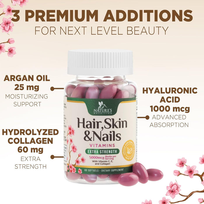 Hair Vitamins for Women, Ultra Strength 5000mcg Biotin Collagen & More - Premium Hair Growth, Skin, Nails & Keratin Support Supplement, Infused with Argan Oil & Hyaluronic Acid, Non-GMO - 120 Softgels