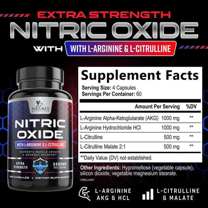 Nitric Oxide Formula with L-Arginine + Citrulline â€“ 3000mg â€“ 240 Capsules