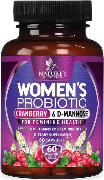 Probiotics for Women with Prebiotics & Cranberry, 60 Billion CFU, Vaginal Women's Probiotic for Immune & Digestive Health, D-Mannose for Urinary Health, Shelf Stable No Soy Gluten Dairy