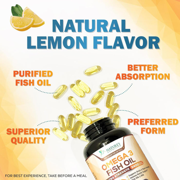 Omega 3 Fish Oil 2400 mg – Triple Strength EPA & DHA Fatty Acids for Heart, Brain & Joint Support – Wild-Caught, Burpless, Lemon Flavor Supplement – Natural, Non-GMO, Gluten-Free – 120 Softgels