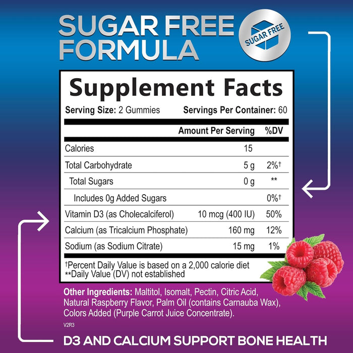 Sugar Free Calcium Gummy Bites Plus 400 IU Vitamin D3, Bone Health & Immune Support, Supports Bone Strength - Chewable Calcium Nutrition Supplement, Non-GMO, Berry Flavor Chews