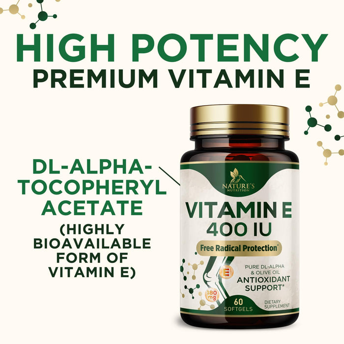 Vitamin E 400 IU Softgels (180mg DL-Alpha) for Women & Men, Supplement for Max Absorption, Nature's Antioxidant for Skin, Heart, Eye, and Immune Health Support, Dairy, Gluten & Soy Free