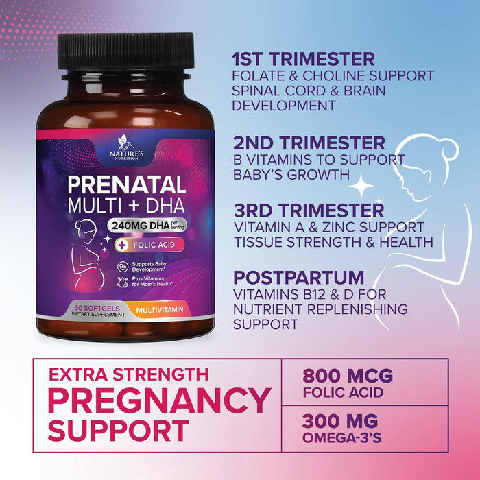 Women's Prenatal Multivitamin with Folic Acid & DHA, Prenatal Vitamins w/ Folate, Omega 3, Vitamins D3, B6, B12 & Iron, Pregnancy Support Prenatal DHA Supplement, Non-GMO Gluten Free