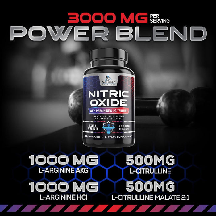 Nitric Oxide Booster Extra Strength 3000mg - L Arginine 3X Strength Nitric Oxide Supplements for Men and Women, Citrulline, Supports Muscle, Heart Health & Energy Supplement, Non-GMO - 120 Capsules