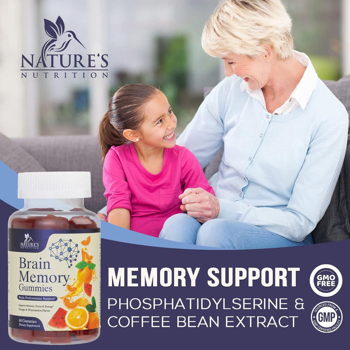 Brain Supplement Gummy for Memory, Focus & Concentration Support Gummies Plus Nootropics, Phosphatidylserine & Vitamins B6 & B12 - Nature's Caffeine Free Nootropic for Brain Health - 60 Gummies