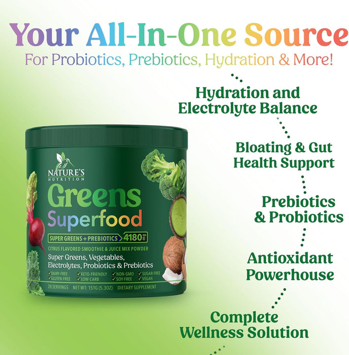 Organic Super Greens Powder Superfood - Original Organic Greens Superfood Smoothie Mix Powder, Antioxidants & Probiotics, Spirulina, Chlorella, Whole Foods, Digestive & Gut Health Support, 28 Servings