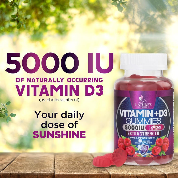 Vitamin D3 Gummies Extra Strength 5000 IU (125 mcg) - Raspberry Flavor Gummy Vitamins - Vitamin D Dietary Supplement for Bone, Teeth, Muscle & Immune Health Support, Non-GMO, Gluten Free