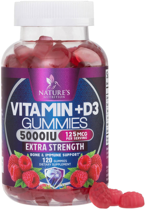Vitamin D3 Supplement Gummy 5000 IU (125 mcg) Dietary Vitamins D for Men & Women - Bone, Teeth, Muscle and Immune Health Support, High Potency VIT D3 Nature's Non-GMO & Gluten Free - 120 Gummies