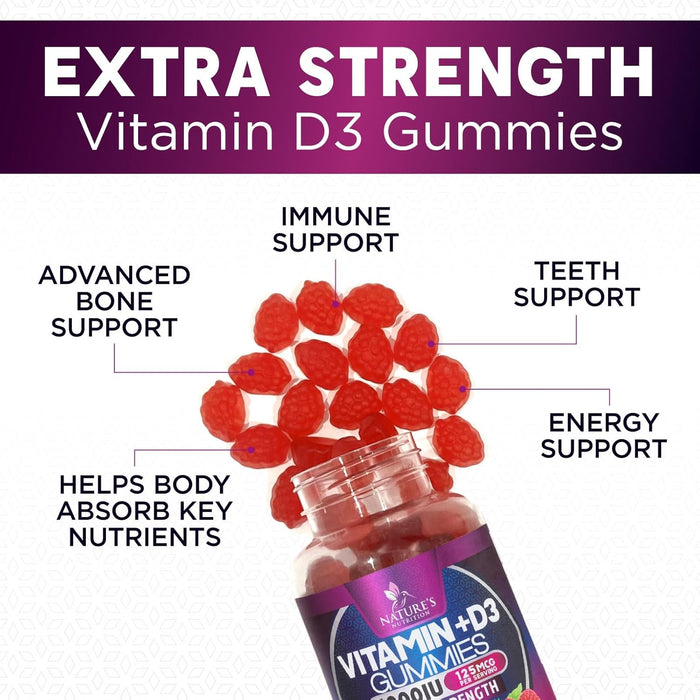 Vitamin D3 Gummies Extra Strength 5000 IU (125 mcg) - Raspberry Flavor Gummy Vitamins - Vitamin D Dietary Supplement for Bone, Teeth, Muscle & Immune Health Support, Non-GMO, Gluten Free