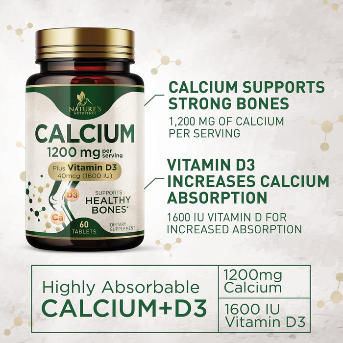 Calcium 1200 mg with Vitamin D3, Dietary Supplement for Bone and Teeth Support, Calcium Supplements for Women & Men, Max Absorption Carbonate, Nature's Absorbable Calcium Supplement