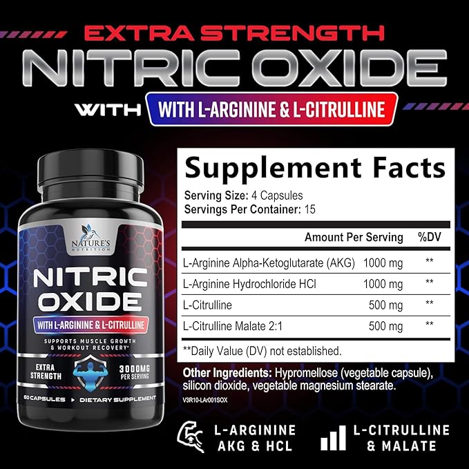 Extra Strength Nitric Oxide Supplement L Arginine 3X Strength - Citrulline Malate, AAKG, Beta Alanine - Premium Muscle Supporting Nitric Oxide Booster for Strength & Energy Supplements