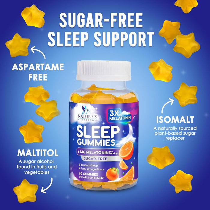 Sleep Melatonin Gummies for Adults Sugar Free - Natural Melatonin Sleep Gummy, Extra Strength Gummy Supplements, Sleep Support Vitamin Supplement, Vegan, Gelatin Free, 6mg, Sleep Gummies - 60 Gummies