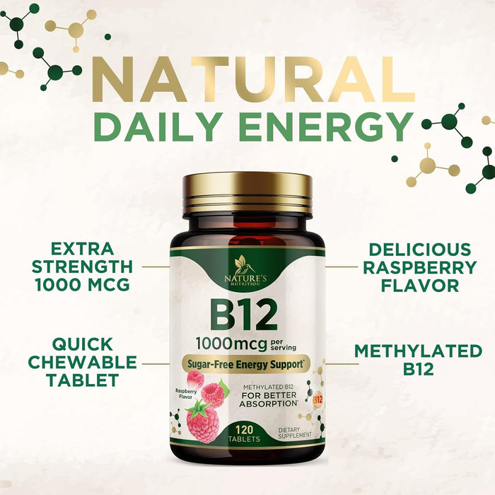 Vitamin B 12 Complex Supplement 1,000 mcg - Fast Dissolve Chewable for Energy & Nervous System Health Support - Maximum Strength Dietary Supports for Women & Men - B12 Vitamins