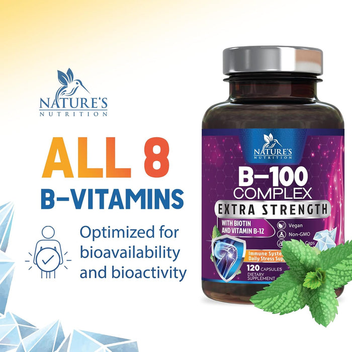 B Complex Vitamins with Vitamin C & Folic Acid - Dietary Supplement for Energy, Immune, & Brain Support - Nature's Super B Vitamin Complex for Women and Men, Made with Folate