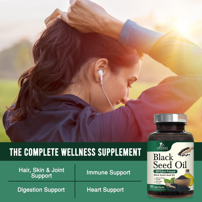 Black Seed Oil Capsules 1000mg - Vegan Cold-Pressed Nigella Sativa Black Seed Oil, Nature's Pure Black Cumin Seed Oil for Immune, Hair and Brain Support, Non-GMO