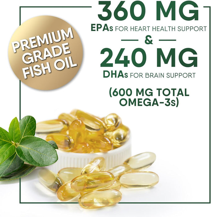 Fish Oil 2400 mg with Omega 3 EPA & DHA - Triple Strength Omega 3 Supplement - Omega 3 Fish Oil Supports Heart Health, Nature's Brain & Immune Support - Non-GMO Fish Oil Supplements
