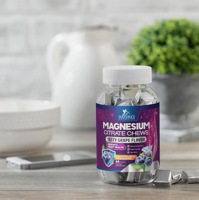 Magnesium Supplement Chews with High Absorption Magnesium Citrate for Heart, Bone, Muscle, & Nerve Health Support, Calm Magnesium Chews, Vegan Magnesium Chewable, Grape Flavor