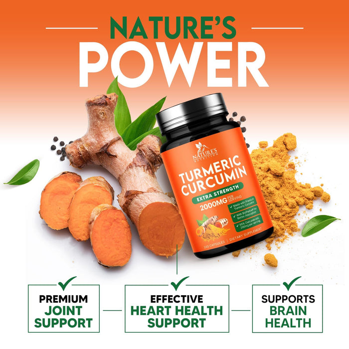 Turmeric Curcumin Supplement 2000mg - Nature's Joint & Immune Support, Organic Tumeric & BioPerine Black Pepper for Best Absorption with 95% Curcuminoids, Non-GMO, Bottled USA