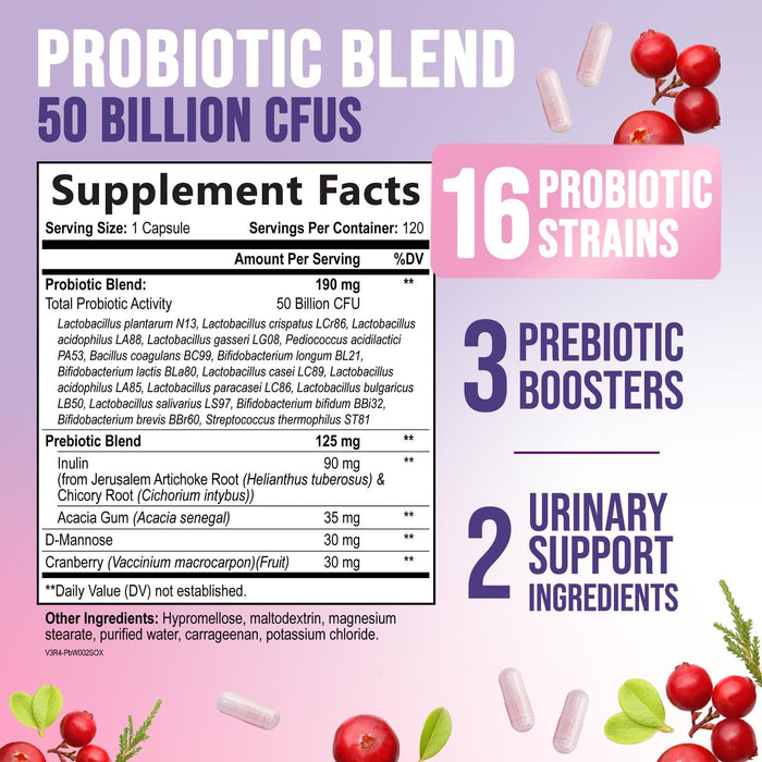 Probiotics for Women 60 Billion CFU - 16 Strains, Digestive Health, Vaginal pH & Immune Support, Prebiotics & Cranberry, Gut Health & Urinary Support, Shelf Stable Women's Probiotic - 120 Capsules