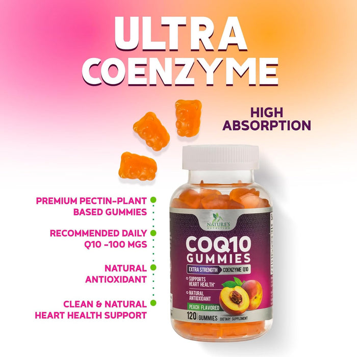 Nature's Nutrition CoQ10 Gummies 100mg – High Absorption Coenzyme Q10 Supplement for Heart Health, Energy & Antioxidant Support – Peach Flavor Gummy, Vegan, Non-GMO, Gluten Free – 120 Count