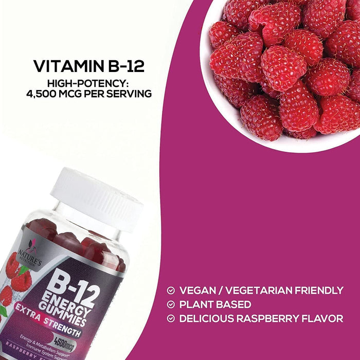 B-12 Vitamin Energy Gummies - 4500mcg Extra Strength B12 Gummy Chewables for Energy Metabolism & Immune Support - Dietary Supplement for Women, Men, & Kids - Non-GMO, Vegan, Berry Flavor - 60 Count