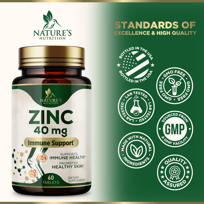 Zinc 40mg Supplements for Women and Men, Supplement for Immune Health Support, Skin Health Support, & Antioxidant Supplement for Adults with Zinc Gluconate 40 mg, High Potency, Non-GMO