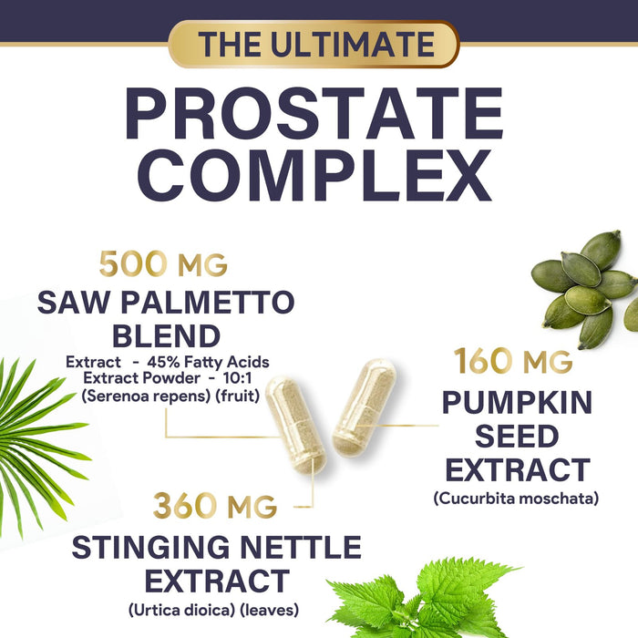 Prostate Health Supplements for Men - Support Complex 3X Formula with Saw Palmetto Blend Stinging Nettle Root & Pumpkin Seed Extract - Supports Bathroom Trips Prostate & Urinary Health - 120 Capsules