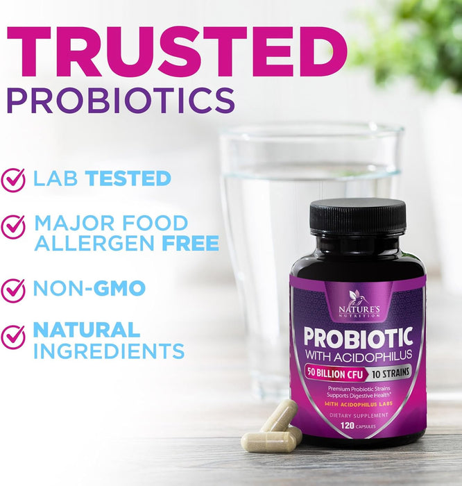 Probiotics, 60 Billion CFU per Serving, Probiotic with Prebiotics for Digestive & Immune Health Support for Women & Men - Nature's Supplement is Shelf Stable, Soy, Dairy & Gluten Free