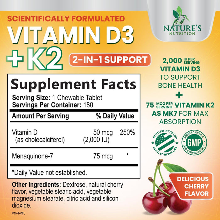 Vitamin D3 K2 2000 IU + with K2 (MK-7) 75 mcg â€“ 180 Tablets
