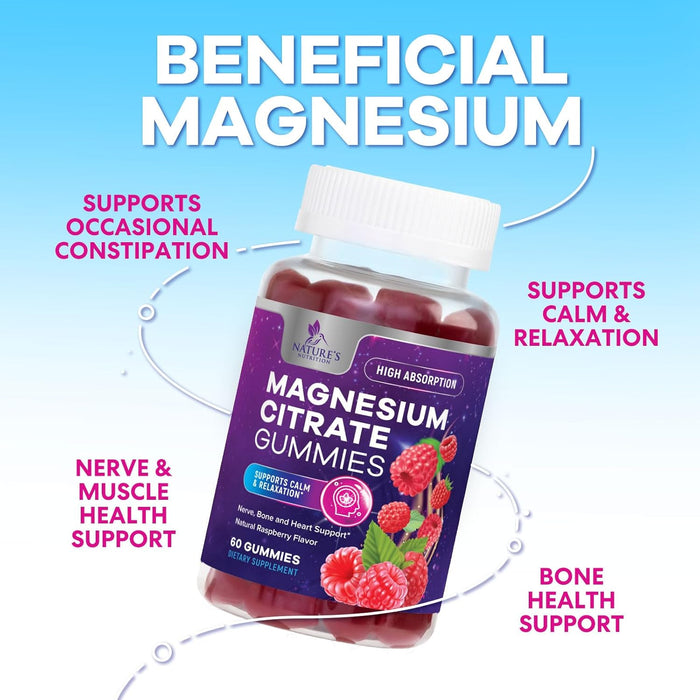 Magnesium Gummies Supplement - High Absorption Magnesium Citrate Supplement for Adults & Kids - Nature's Calm Magnesio Gummy Dietary Supplements for Bone, Muscle Health, Heart Support - 60 Gummies