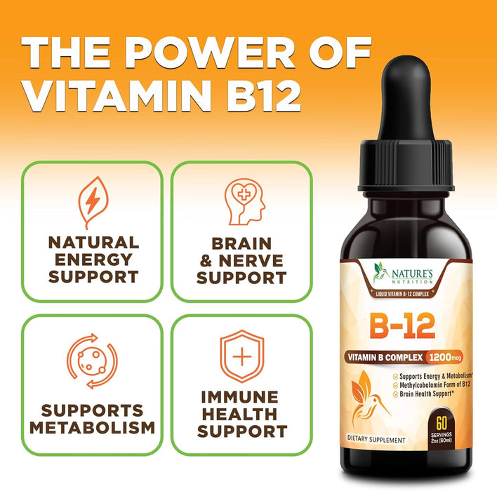 Vitamin B12 Energy Drops 1200 mcg - Extra Strength Vitamin B-12 Dietary Supplement for Energy, Liquid Methylcobalamin B12 Vitamins for Adults, Gluten-Free Vitamin B 12 Over 1000 mcg - 2 Fl Oz