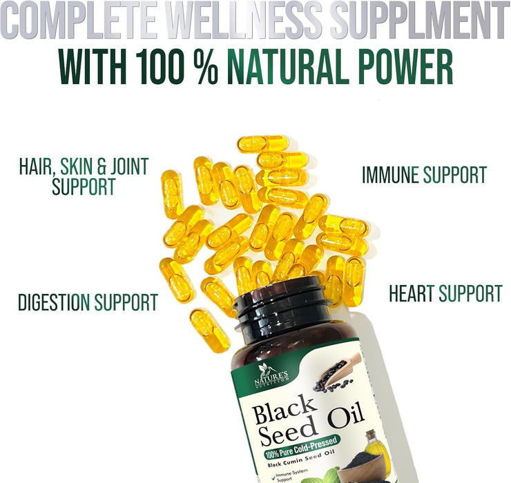 Black Seed Oil Capsules 1000mg - Vegan Cold-Pressed Nigella Sativa Black Seed Oil, Nature's Pure Black Cumin Seed Oil for Immune, Hair and Brain Support, Non-GMO