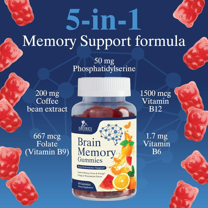 Brain Supplement Gummy for Memory, Focus & Concentration Support Gummies Plus Nootropics, Phosphatidylserine & Vitamins B6 & B12 - Nature's Caffeine Free Nootropic for Brain Health - 60 Gummies