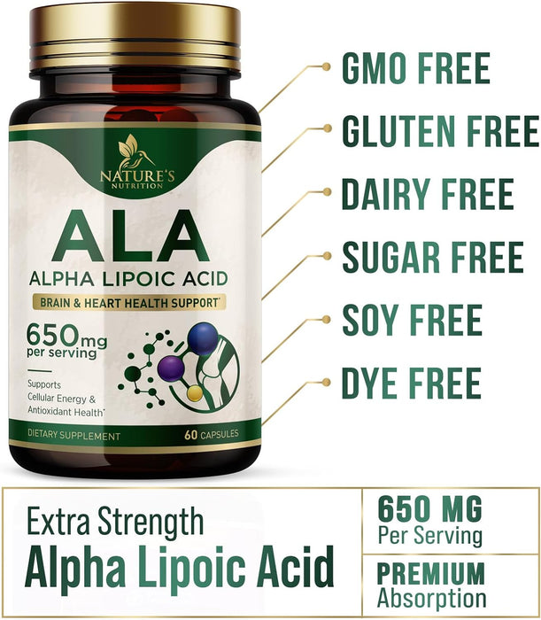 Alpha Lipoic Acid 600mg Plus - Pure ALA Supplement Non-GMO & Gluten Free, Supports Cellular Energy & Antioxidant Health, Extra Strength Lipoic Acid 650mg, Brain & Heart Support - 60 Capsules
