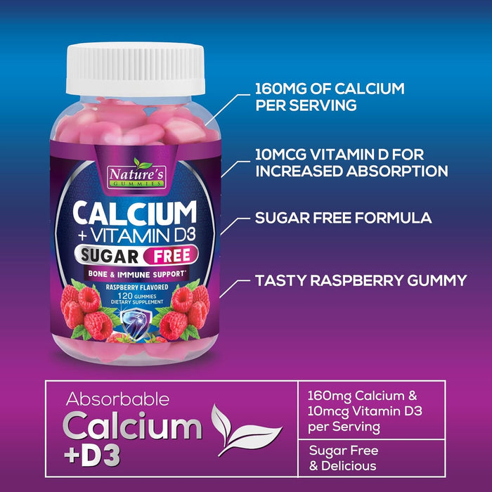 Sugar Free Calcium Gummy Bites Plus 400 IU Vitamin D3, Bone Health & Immune Support, Supports Bone Strength - Chewable Calcium Nutrition Supplement, Non-GMO, Berry Flavor Chews