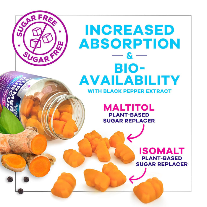 Turmeric Supplement Gummies Sugar Free - Turmeric Curcumin and Ginger Gummies with Black Pepper Extract for High Absorption, Curcumin Gummy for Joint Support, Non-GMO, Gluten Free