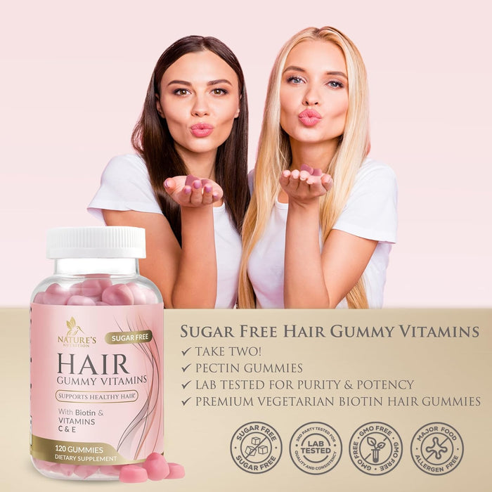 Sugar Free Hair Vitamins Gummies with Biotin 5000 mcg, Vitamin A, B12, C, D, E, Folic Acid, Supports Hair Growth Gummy, Vegetarian Friendly, Supports Strong Beautiful Hair and Nails