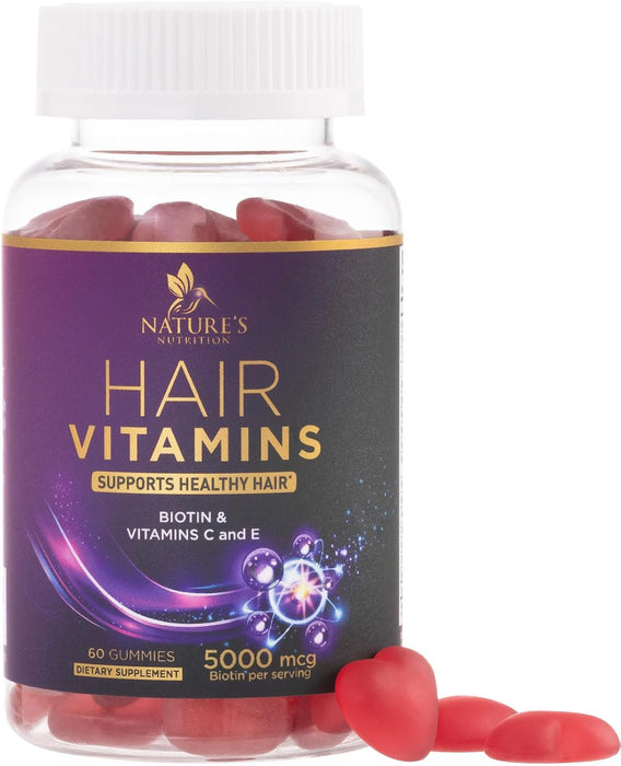 Hair Vitamins Gummy, with Biotin 5000mcg and Vitamins E & C, Advanced Hair Growth Support Gummies for Stronger, Beautiful Hair, Skin & Nails, Nature's Hair Supplement for Women & Men