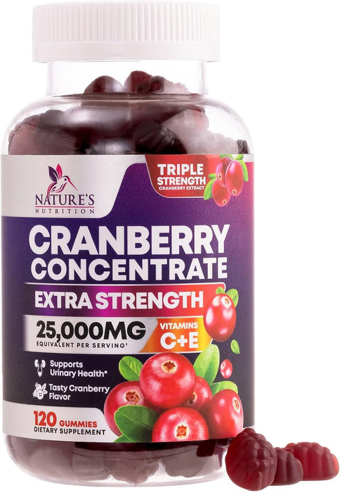 Cranberry Gummies - Urinary Tract Health Gummy + Vitamin C - 25,000mg - Triple Strength Cranberry Concentrate Extract Supplement Pills, Ultimate Potency, Non-GMO, Gluten Free