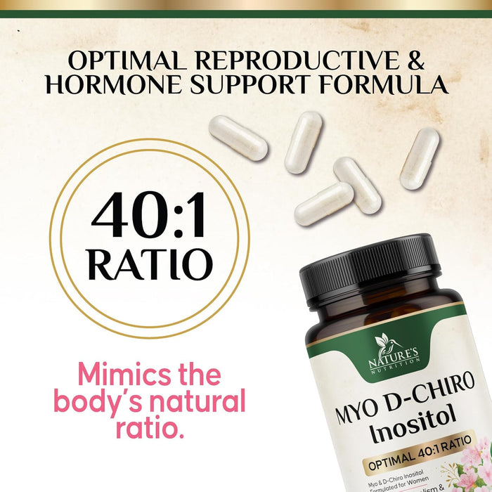 Myo-Inositol & D-Chiro Inositol 1025mg - 40:1 Ideal Ratio for Ovarian Support, Vegan Myo & D Chiro Supplement for Women's Natural Balance and Hormone Support, Vitamin B8, Non-GMO - 120 Capsules