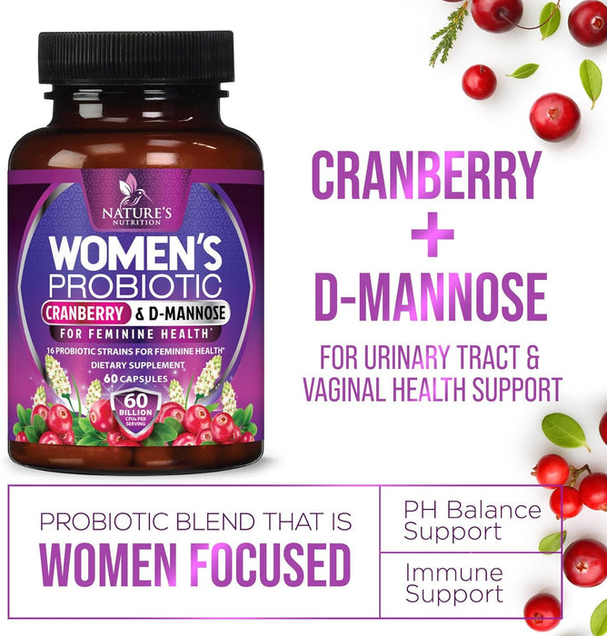 Probiotics for Women with Prebiotics & Cranberry, 60 Billion CFU, Vaginal Women's Probiotic for Immune & Digestive Health, D-Mannose for Urinary Health, Shelf Stable No Soy Gluten Dairy