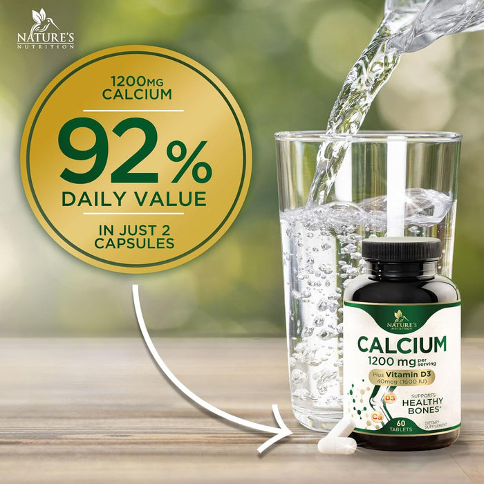 Calcium 1200 mg with Vitamin D3, Dietary Supplement for Bone and Teeth Support, Calcium Supplements for Women & Men, Max Absorption Carbonate, Nature's Absorbable Calcium Supplement