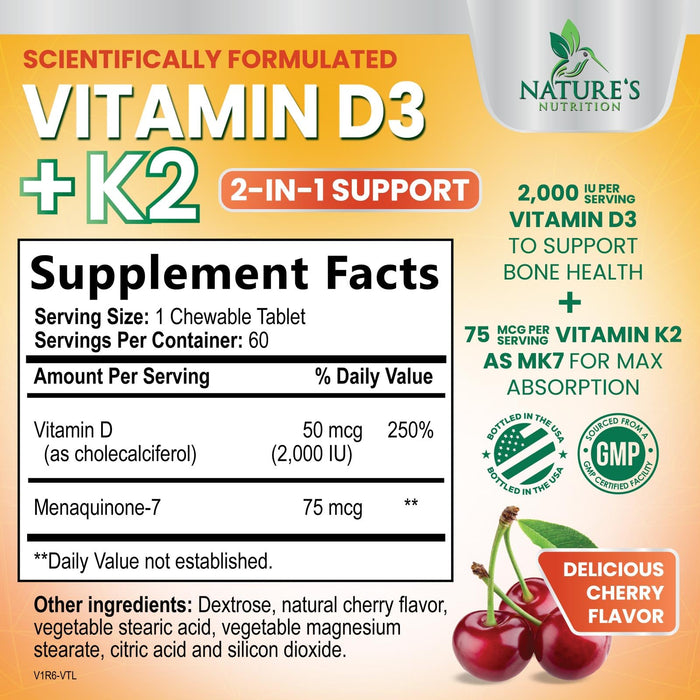 Vitamin D3 K2 2000 IU Plus with K2 (MK-7) 75 mcg - Vitamins D & K Complex Supplement for Bone, Teeth, Muscle, Calcium Absorption, Supports Immune & Heart Health, Non-GMO Chewable Formula - 60 Tablets