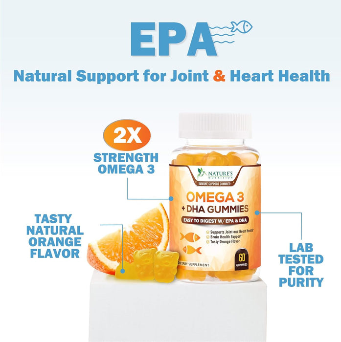 Omega 3 Fish Oil Gummies, Heart Healthy Omega 3 Supplement with High Absorption DHA & EPA, Extra Strength Joint & Brain Support, Omega 3 Fish Oil Nature's Gummy Vitamin, Orange Flavo