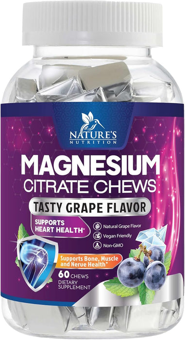 Magnesium Supplement Chews with High Absorption Magnesium Citrate for Heart, Bone, Muscle, & Nerve Health Support, Calm Magnesium Chews, Vegan Magnesium Chewable, Grape Flavor