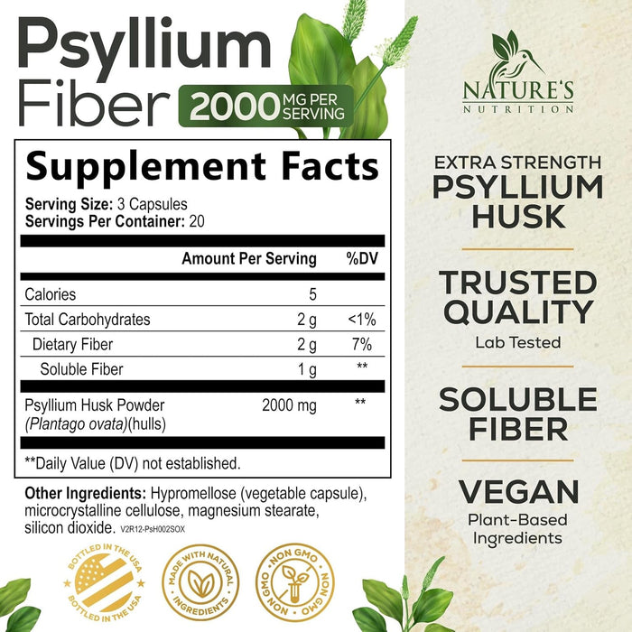 Psyllium Husk Fiber Supplement 1500mg, Natural Daily Soluble & Insoluble Fiber Pills, Psyllium Husk Powder Capsules Supports Digestion Colon Health & Regularity, Plant Based Supplement - 60 Capsules