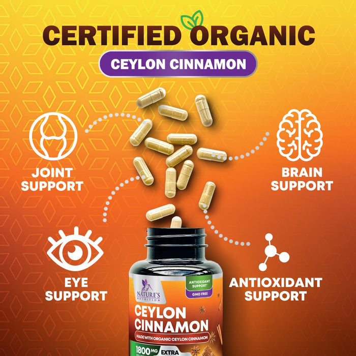 Organic Ceylon Cinnamon Supplement 1800mg - Certified Organic Ceylon Cinnamon Powder Pills - Energy & Heart Support for Women & Men, Bottled in USA, Antioxidant, Gluten Free, Non-GMO - 240 Capsules